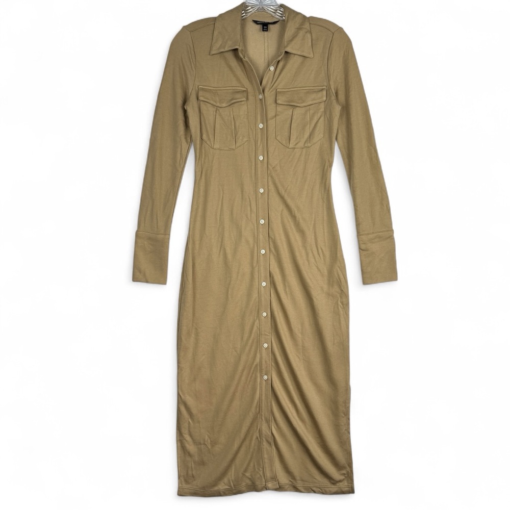 Banana Republic Alegre Polo Dress Womens Size XXS Khaki Beige Midi Long Sleeves
